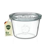 Weck Lot de 6 bocaux en verre de 370 ml avec couvercles - Forme chute - Bocaux de conservation et de conservation empilables robustes - Idéal pour Meal Prep, Overnight Oats, Dessert et confiture