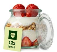 WECK - Pot en Verre pour Yaourt et Autres Desserts - 190 ml - Lot de 12 | Bocaux en verre pour conserves, desserts et déco avec couvercles - Forme arrondie - Fabriqués en Allemagne