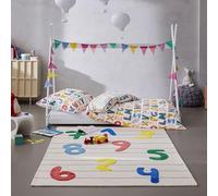 Wecon Home Tapis Enfant Countdown - Coloré & Effet Haut-Bas - en Laine Vierge - Touffeté & certifié Oeko-TEX + GoodWeave - Doux & Facile d'entretien pour Chambre Enfant (200 x 290 cm, Beige)