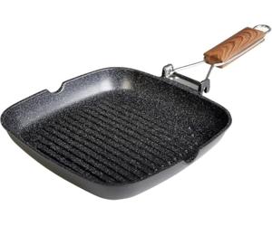 WECOOK! Ecochef Titane Poêle à Griller Induction Ondulé, 20 x 20 cm, Antiadhésive QUANTANIUM Écologique sans PFOA, Fonte d'Aluminium, Épaisseur 5 mm, Poignée en Bois Pliable, Vitrocéramique, Gaz