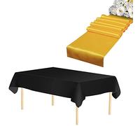 WedDecor 1 chemin de table rectangulaire en satin doré de 27,9 x 274,3 cm et 1 nappe jetable en plastique noire de 137,2 x 274,3 cm, imperméable pour décoration de fête de mariage, Noël (lot de 2)