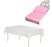 WedDecor 1 chemin de table rectangulaire en satin rose layette de 27,9 x 274,3 cm et 1 nappe jetable en plastique blanche de 137,2 x 274,3 cm pour décoration de fête de mariage, Noël (lot de 2)