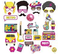 WedDecor Accessoires de photomaton à thème rétro - Kit de 33 selfies réutilisables en carton pour soirées disco des années 80, hip-hop et boogie avec vieille radio, lèvres rouges, chaussures et plus