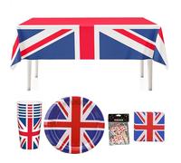 WedDecor British Party Supplies - Service de table Union Jack avec nappe, assiettes rondes, tasses, serviettes et pics de drapeau pour le jour de la fête et les événements sportifs sur le thème du