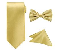 WedDecor Cravate solide pour homme, nœud papillon et mouchoir pour fête de mariage, cravates classiques décontractées et mouchoir carré de poche, cadeaux pour homme, doré, taille unique