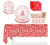 WedDecor Ensemble de vaisselle jetable de 138 pièces comprenant assiettes, tasses, pailles, serviettes, nappe rectangulaire de Noël et couverts en bois pour 16 invités | Thème de Noël rouge et blanc