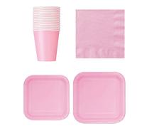 WedDecor Lot de 64 Assiettes carrées jetables en Papier, gobelets et Serviettes, Parfaits pour Pique-Nique, Barbecue, Anniversaire, Baby Showers, Mariages et événements de Noël, Rose