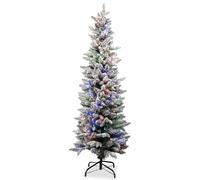 WedDecor Sapin de Noël fin givré à pointe blanche avec lumière LED colorée - Sapin vert de 1,8 m avec aiguilles en PVC/PE, lumières et base en métal pour décoration festive de Noël - Royaume-Uni