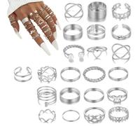 WeddHuis 22 pièces Bague Femme Rétro Vintage Boho Empilables Réglable, Ensemble Bague Phalange Minimaliste, Bague Pouce Femme, Bague Ajustable et Acier Inoxydable Femme (Argent)