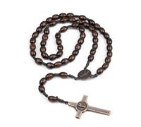 WeddHuis Chapelet Collier en Bois Naturel Croix Catholique Jésus-Christ Saint Benoît Médaille pour Chrétiens Catholiques Communion Baptême Messe Bible
