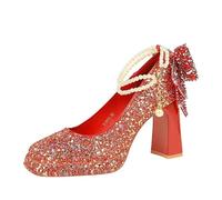 Wedding Banquet Sweet Pearl One-Length High Heels Women's Rhinestone Bow Square Head Platform Thick Heel Shoes(9983-H80TP Red,39)