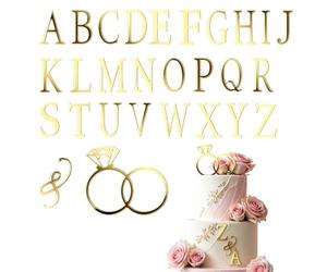 Wedding Cake Topper Bague, Diamant Cake Topper avec 26 Lettres Personnalisable Initiales de Mariée et Marié, A-Z Lettre Gâteau Topper pour Fiançailles Saint Valentin Anniversaire (Doré)