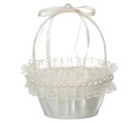 Wedding Flower Basket - Lace Pearl Handle With Bow | Small Ceremony Floral Basket | Elegant Romantic PP Satin For Hotel Garden Yard Lawn Beach Outdoor Indoor Home