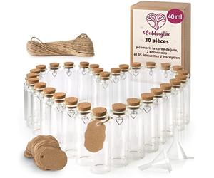 WeddingTree 30 x Petite Bouteille en Verre 30 x 40ml - Tube a Essai pour Les Mariages - Fiole en Verre - Set avec Liège et Pendentif en Forme de Coeur