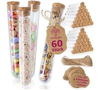 WeddingTree 60 x Tube à essai en plastique -18 x 105 mm - 20 ml - Avec corde de jute en liège et pendentif - Cadeau de mariage, verres à épices de décoration