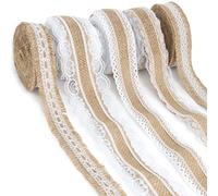 WeddingTree Ruban de jute avec dentelle - 10 m - 5 rouleaux de 2 m - Ruban décoratif avec bordure en dentelle pour cadeaux, mariage, fête et bricolage - Ruban en dentelle - Ruban de mariage avec 30