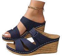 Wedge Sandals for Women 2026 Dressy Platform Summer Sandals Slip-On Comfort Mid Heel Espadrilles Open Toe Casual Fashion Shoes Flat Heel Dressy Wedges for Women (Navy Blue,37)