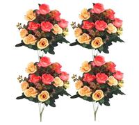Wedhapy Bouquets de Roses 30 cm pour Tombe - 4 Bouquets de Fleurs Artificielles 12 Têtes en Soie pour Vase Funéraire et Décoration de Cimetière