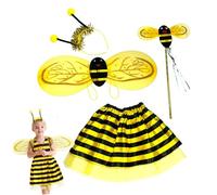Wedhapy Costume d'abeille pour enfants ensemble de 4 pièces comprenant une aile jaune une jupe rayée un bandeau à antenne et baguette magique pour Halloween cosplay et festivals.