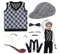 Wedhapy Costume de vieil homme pour enfants, 100 jours de costumes scolaires pour les enfants, le costume vieil homme comprend un chapeau, des lunettes, un gilet grand-père, une canne, 130 cm
