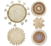 Wedhapy Panier Mural Tissé Boho Wall Art 5 Pièces Rond Bohème Macramé Tenture Murale Paille Décoration Murale 8 Pouces/10 Pouces/12 Pouces/15 Pouces Décor De Panier Mural Pour Salon