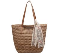Wedhapy Sac en raphia tissé sac de plage capacité cabas en paille fermeture éclair lisse de plage en paille orné d'un ruban pour femme idéal pour les voyages d'été et le shopping kaki