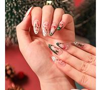 Wedity 24 Pz Neve Albero di Natale Checker Rosa Linea Francese Unghie False Acrilico Nail Pressa su Unghie Balletto Unghie False per le Donne Ragazze (A)