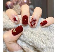 Wedity 24pz claret brève jeu d’échecs faux amour feuille de perle acrylique faux ongles ongles ongles presse pour les filles (D)