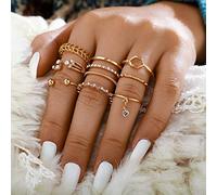Wedity Boho étoile lune fleur feuilles cristal coeur Lotus Portrait motif Knuckle Ring or empilable anneaux ensemble bagues bijoux pour femmes filles (D)