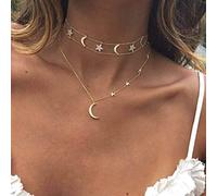 Wedity Boho Multilayer Star and Moon Colliers Or Cristal Collier Ras Du Cou Croissant Pendentif Colliers Bijoux Réglables pour Femmes et Filles