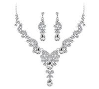 Wedity mariée mariage cristal collier boucles d'oreilles ensemble floral colliers ras du cou bijoux en forme de larme pour femmes et filles (argent)