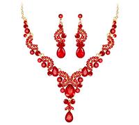 Wedity mariée mariage cristal collier boucles d'oreilles ensemble floral colliers ras du cou bijoux en forme de larme pour femmes et filles (rouge)