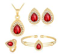 Wedity mariée mariage goutte d'eau cristal collier boucles d'oreilles bracelet bague ensemble or nuptiale coeur pendentif tour de cou colliers bijoux pour femmes et filles (Rouge)