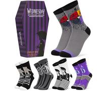 Wednesday Addams Chaussettes Femme et Ado EU 35-41, Lot de 5 Paires Chaussettes Fantaisie Coffret Cercueil, Cadeau Femme
