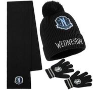 Wednesday Bonnet Fille 3 Pièces, Ensemble Bonnet Écharpe Gants Tricot Chaud Vêtement Accessoires d'Hiver Gothiques Idée Cadeau