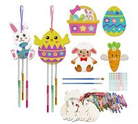 WEDNOK 12Pcs Kit de Bricolage de Pâques pour Enfant, Pâques Carillons à Vent Artisanat en Bois à Peindre, Décorations de Pâques, pour Cadeau de Paques
