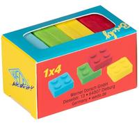 WEDO Bricky Lot de 4 à 4 gommes en forme de blocs de construction (rouge, bleu, jaune, vert), plastique, PVC, phtalate et latex, env. 2,5 x 2,5 x 1,3 cm