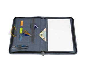 WEDO Porte-documents A4 en denim avec fermeture éclair, couleur bleu, 3 emplacements pour cartes, emplacements avec élastique pour stylos, grand compartiment à feuilles derrière la surface d'écriture