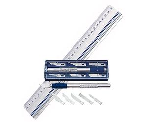 Wedo Règle de coupe en aluminium, avec bord en acier et insert en caoutchouc antidérapant, en kit avec couteau universel en métal, avec 6 lames différentes (30 cm, règle de coupe | avec cutter)