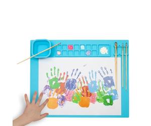 WEDO Tapis de Peinture en Silicone avec Panneaux de mélange, gobelet Pliable et Porte-Pinceau, Couleur Bleu Clair, Dimensions : Environ 50,5 x 40,3 x 0,8 cm