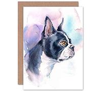 Wee Blue Coo Dog Boston Terrier Watercolour Greeting Card With Envelope Inside Premium Quality Aquarelle