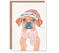 Wee Blue Coo Greeting Card Cute Puppy Santa Hat Winter Scarf Boxer Dog Lover Blank For Him Or Her Art Xmas Christmas Card