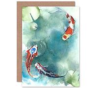 Wee Blue Coo Japanese Koi Fish With Lilies Greeting Card With Envelope Inside Premium Quality Japonais POISSON
