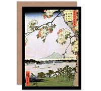 Wee Blue Coo Painting Japanese Woodblock Cherry Blossom Ships On Water Sealed Greeting Card Plus Envelope Blank inside La peinture Japonais Bois Fleur Navire Eau