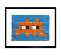 Wee Blue Coo PIXEL ART MONSTER SPACE INVADER ORANGE TILE BLACK FRAMED ART PRINT B12X13959