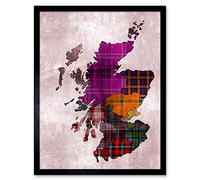 Wee Blue Coo Scotland Map Tartan Regions Art Print Framed Poster Wall Decor 12x16 inch Écosse Carte Affiche Mur Déco
