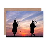Wee Blue Coo Scottish Bagpipes Silhouette Sunset Birthday Art Sealed Greeting Card Plus Envelope Blank inside Écossais Le coucher du soleil