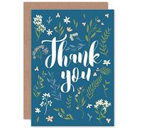 Wee Blue Coo THANK YOU CARD - FLORAL FLOWERS PRETTY TYPOGRAPHY PATTERN BLUE