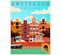 Wee Blue Coo Travel Tourism Amsterdam Holland Netherlands Canal Bridge Boat Houses Wall Art Print Mur Décor 30 x 41 cm