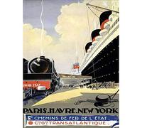 Wee Blue Coo Travel Tourism Paris York Train Ship Transatlantic France USA Wall Art Print Mur Décor 30 x 41 cm